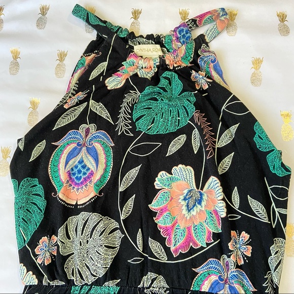 Cynthia Rowley Black And Multicolor Floral Palm Tropical Print Halter Midi Dress - Picture 3 of 16